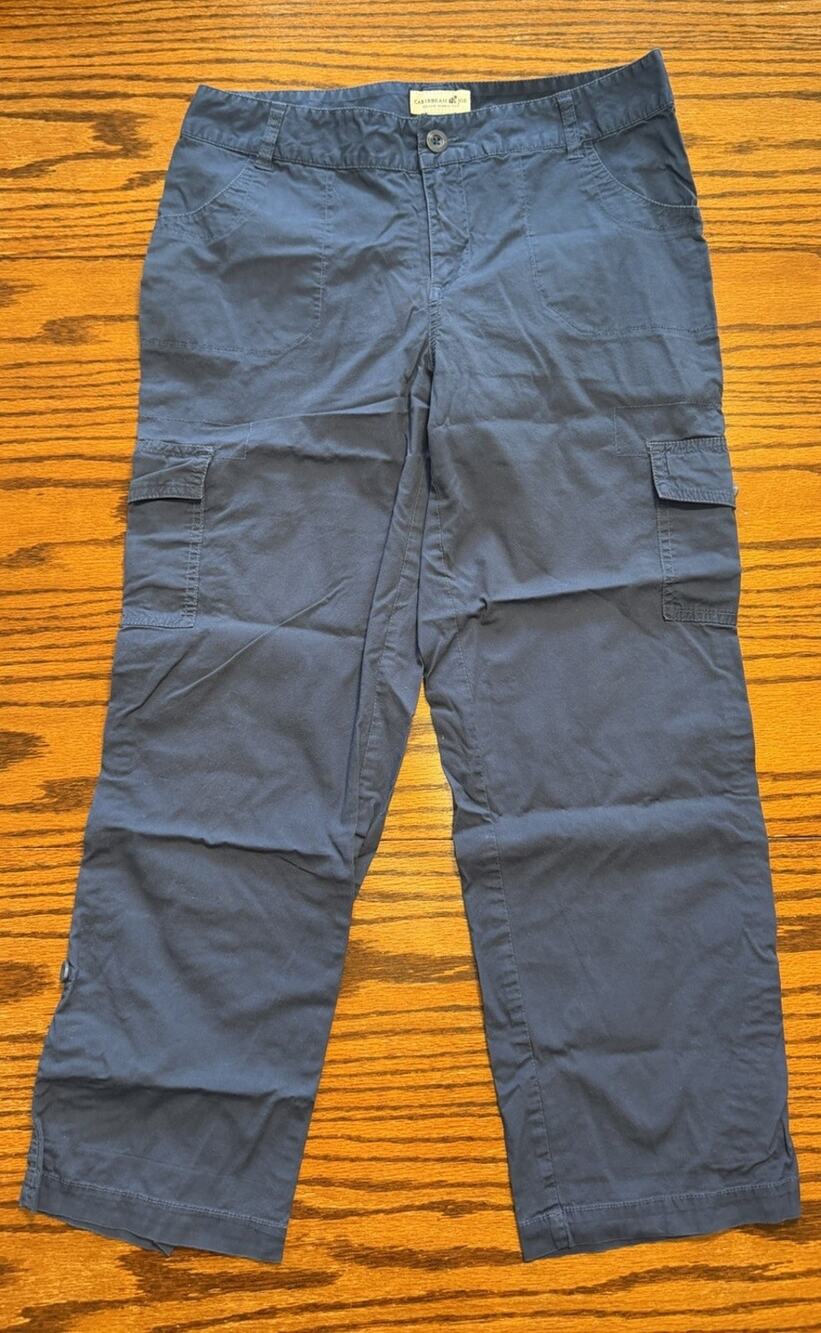 Caribbean Joe Cargo Pants Womens Size 8 Blue Cropped Capri Zip Cotton Chino